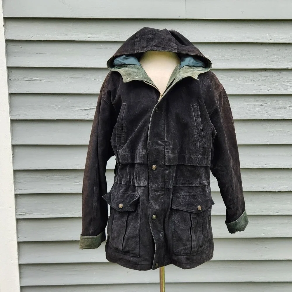 Adventure Bound Wilsons Leather Field Jacket Black Suede Plaid Hooded Mens S